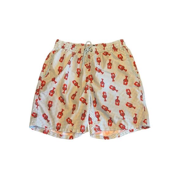 Mr. Swim Mens Large Lobster Print Gingham Swim Trunk Lined Blue vacation beach - Picture 2 of 5